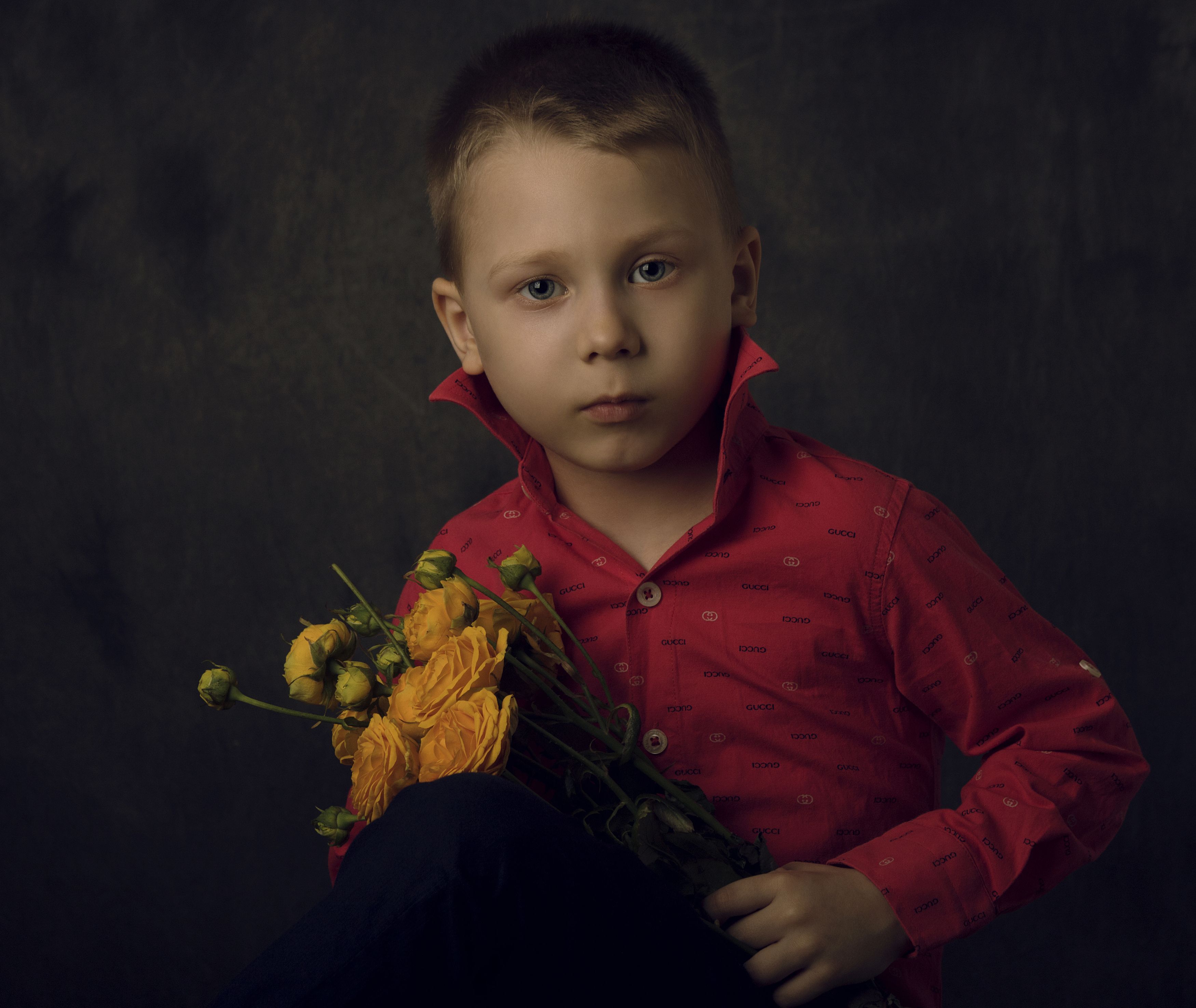 Мальчик, портрет, цветы, букет, Замятин Александр