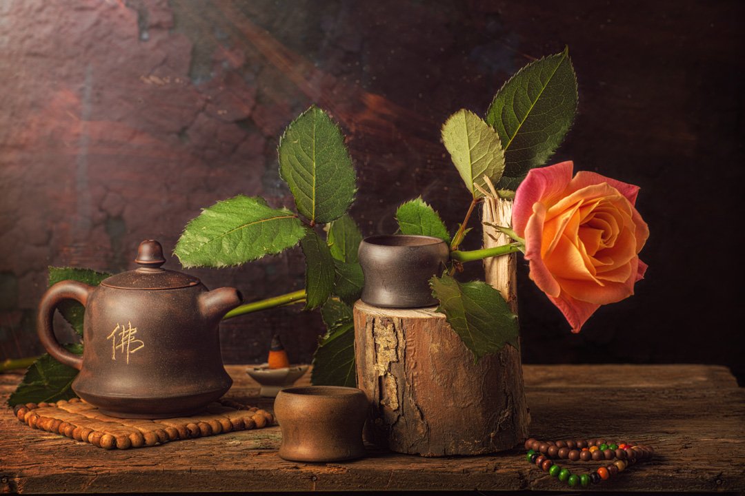 натюрморт, роза, чай, чайник, пиала, дерево, цветок, бусы, браслет. глина, stillife, rose, tea, teapot, clay, Станислав Аристов