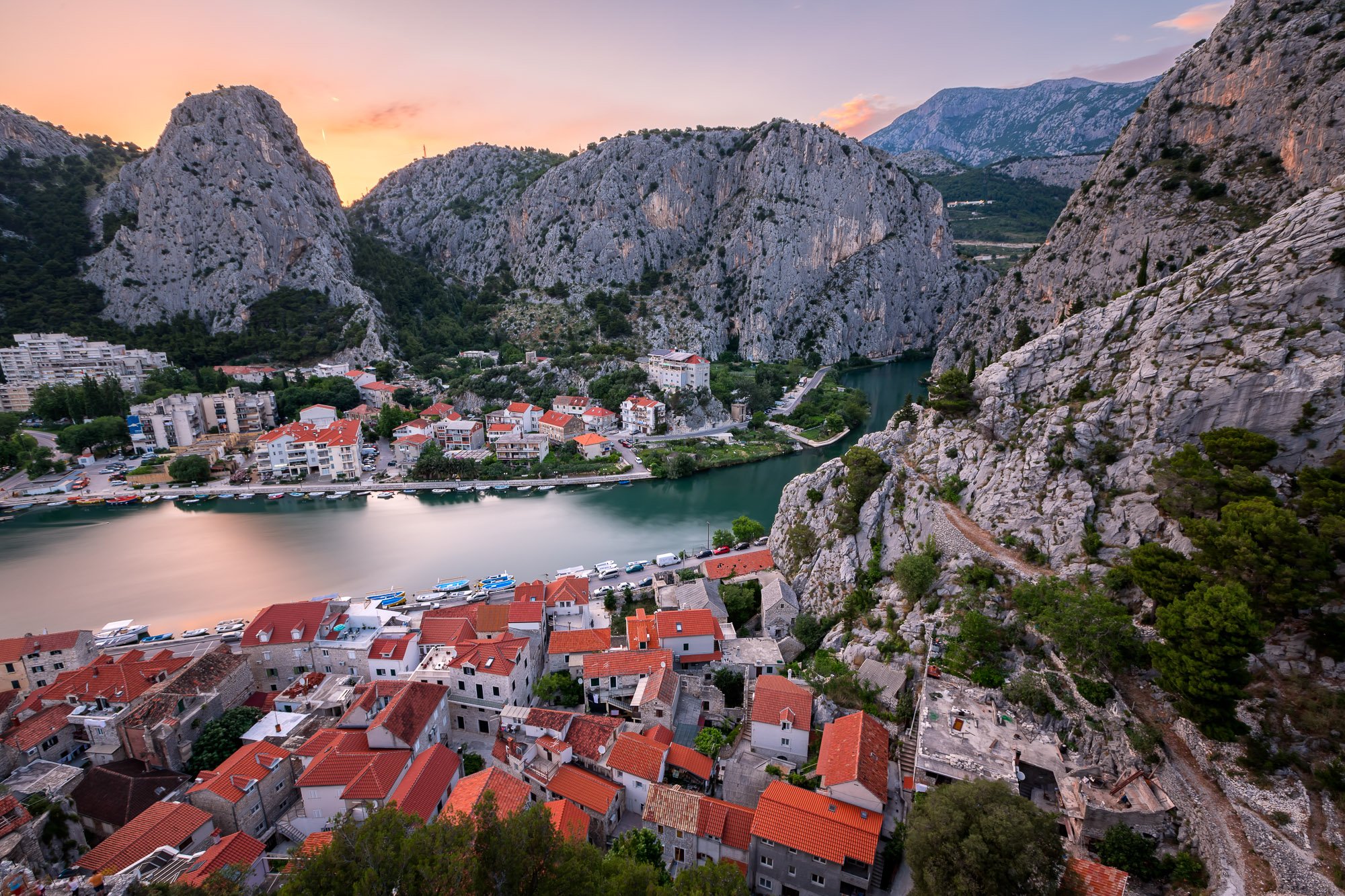 adriatic, architecture, boat, building, canyon, castle, cetina, city, cityscape, cliff, croatia, culture, dalmatia, dusk, europe, evening, fort, gorge, harbor, history, house, lagoon, landmark, landscape, medieval, mediterranean, mountains, old, omis, pin, Andrey Omelyanchuk