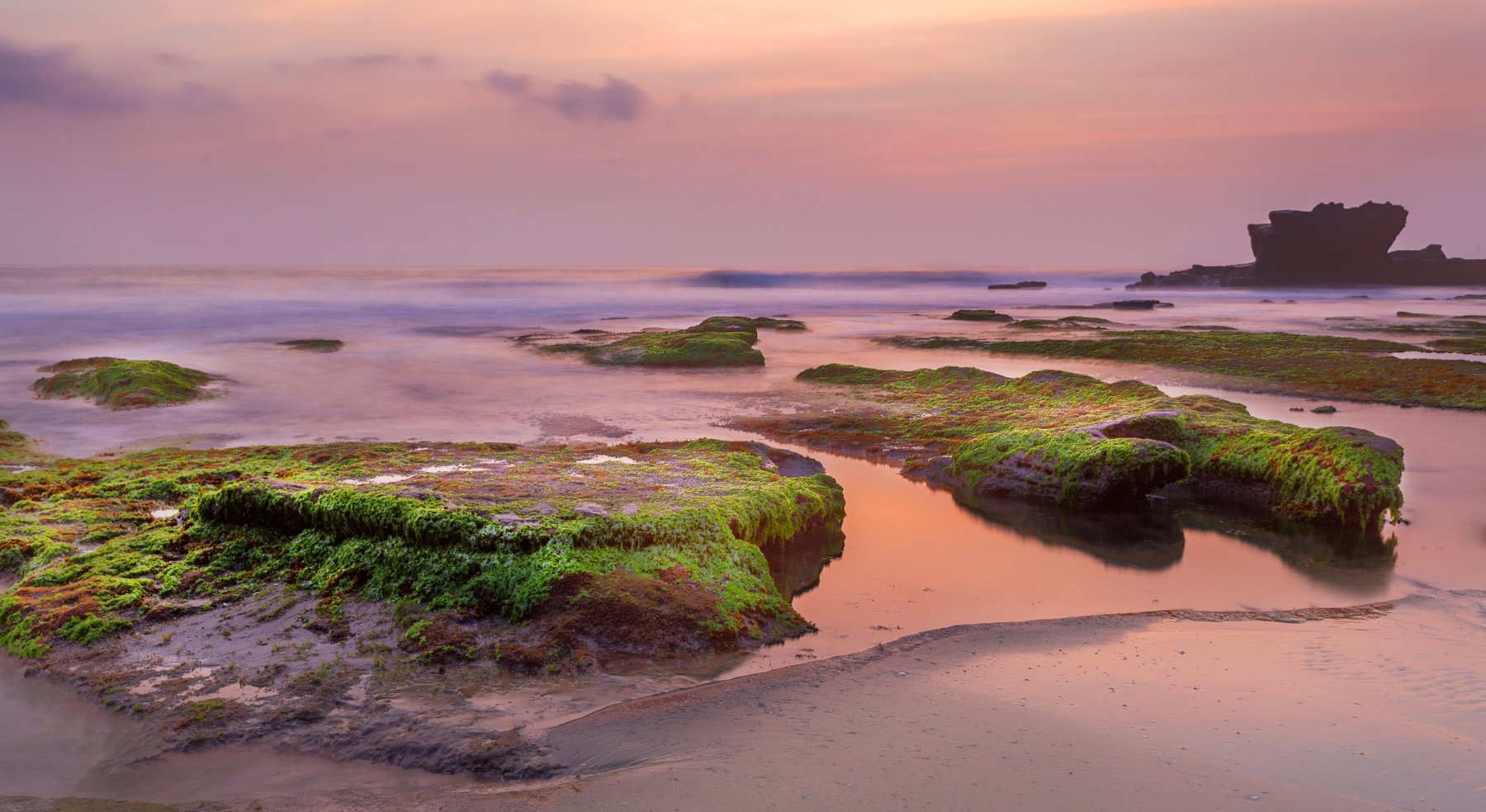 закат, пляж, отлив, небо, большая выдержка, океан, вода, цвета, свет, sunset, beach, Bali, Indonesia, Tanah Lot Temple, temple, low tide, water, ocean, colors, sky, Ольга Паршина