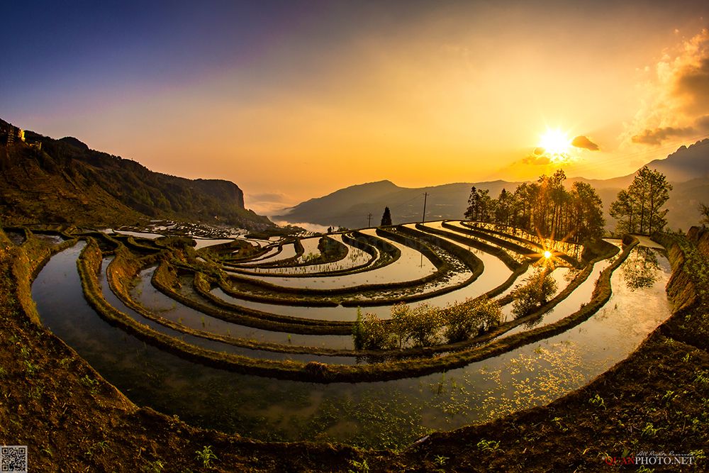 quanphoto, landscape, sunrise, dawn, morning, valley, terrace, clouds, reflections, farmland, agriculture, china, quanphoto