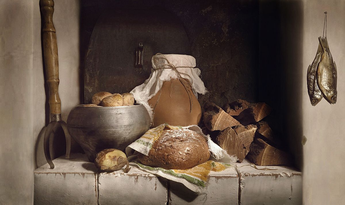 натюрморт,печка,картошка,хлеб,сушеная рыба,дрова,кувшин, Алла Шевченко