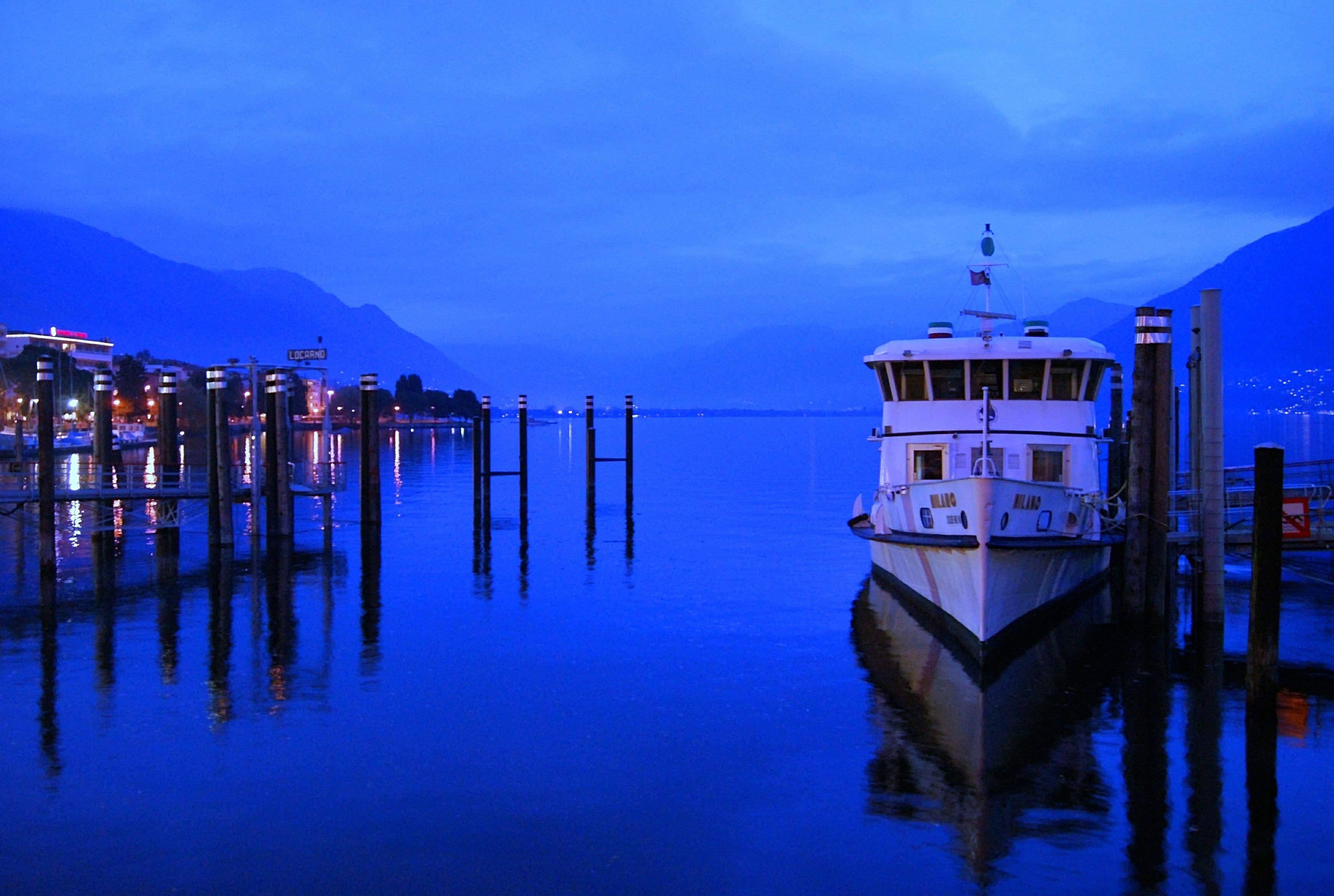 city, evening, blue, sky, pier, ship, autumn, mountains, horizon, marina, twilight,  Сергей Андреевич