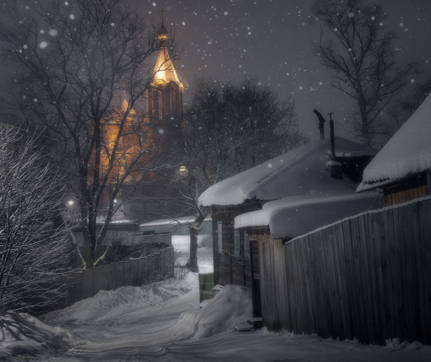 ночь снегопад снег зима деревня церковь, Сергей Буторин