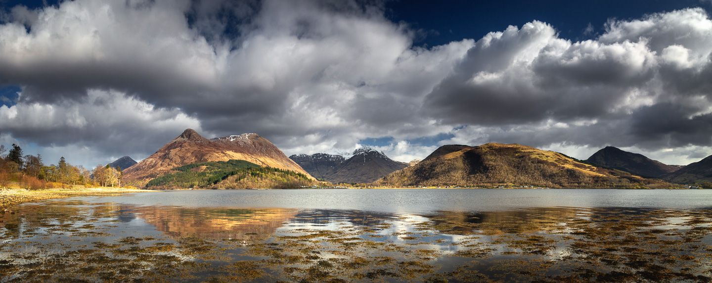 panoramic,panorama,landscape,scotland,highlands,glen coe,loch leven,clouds,sky,mountains,, Photo Visions