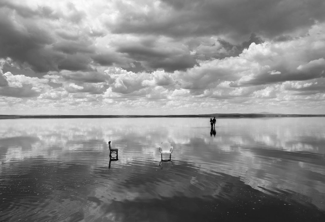 lake - salt - sky - clouds - human - reflection - nature - landscape - black and white - travel - recreation - memory - white - gray, YOUSEF SAYADI