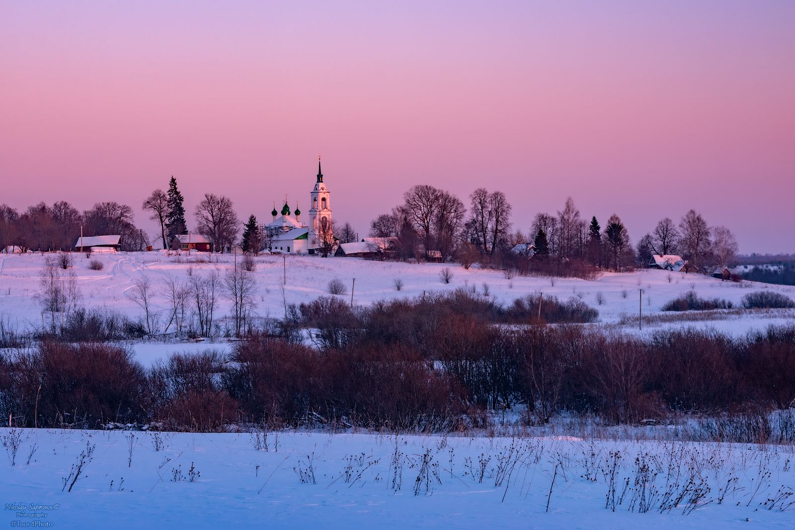 костромская область, зима, зимний пейзаж, русское село, русская деревня, закат, красивые деревни, Николай Сапронов