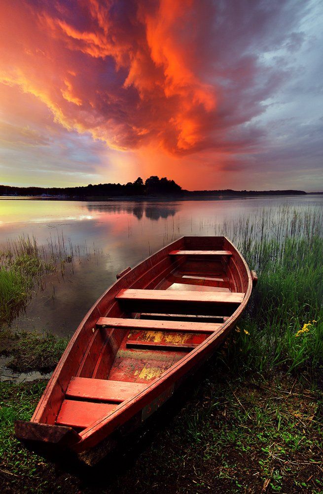 boat, clouds, colors, water, lake, Mindaugas Žarys