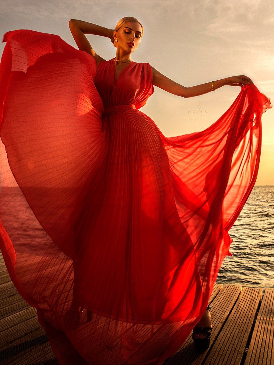 Fashion, Girl, Greece, Model, Red, Sea, Sunset, Ольга Лиса