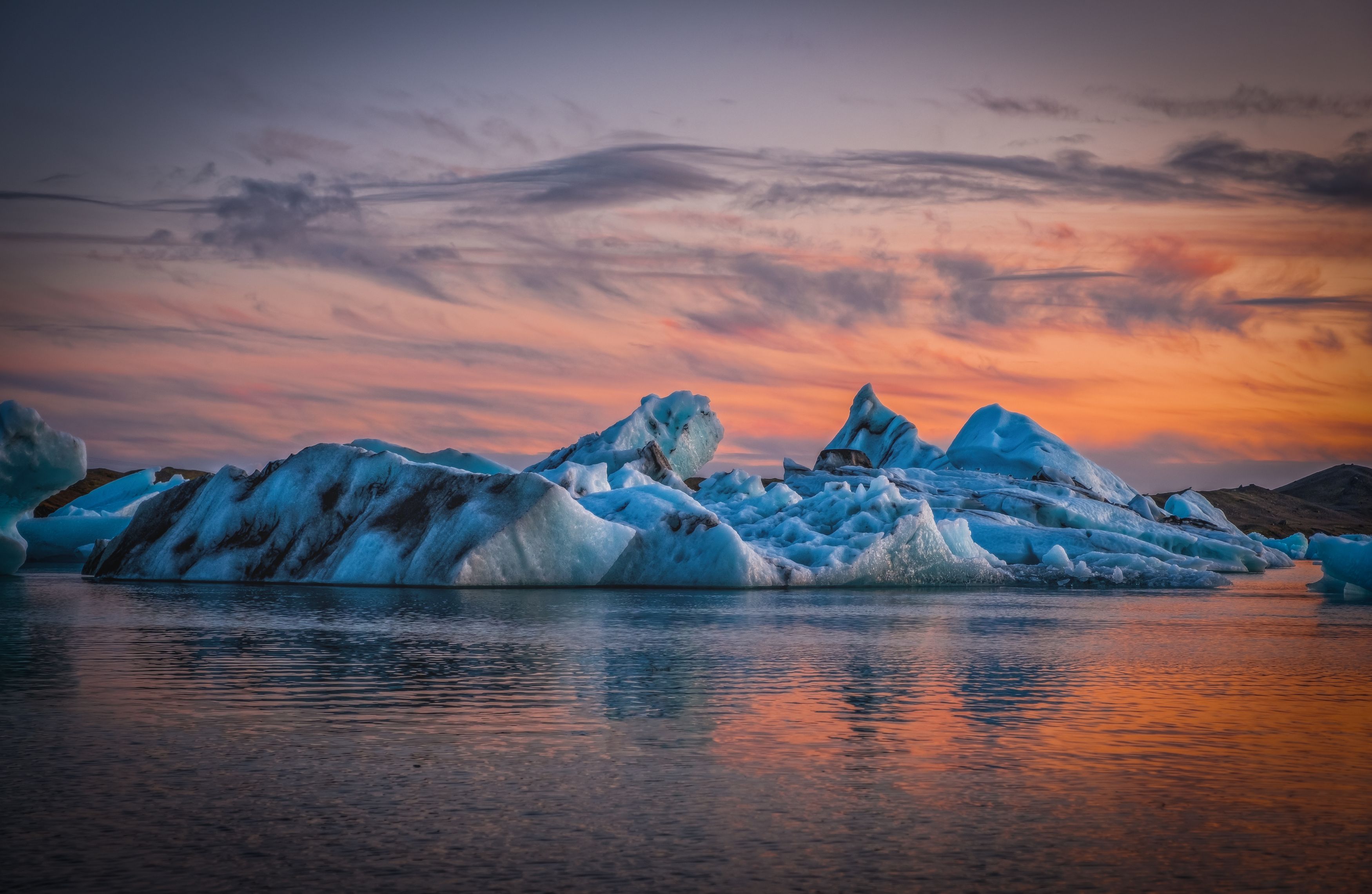 iceland, sunset, lagoon, ice, water, autumn, lake, iceberg, jokulsarlon, glacier, Вовк Сергей