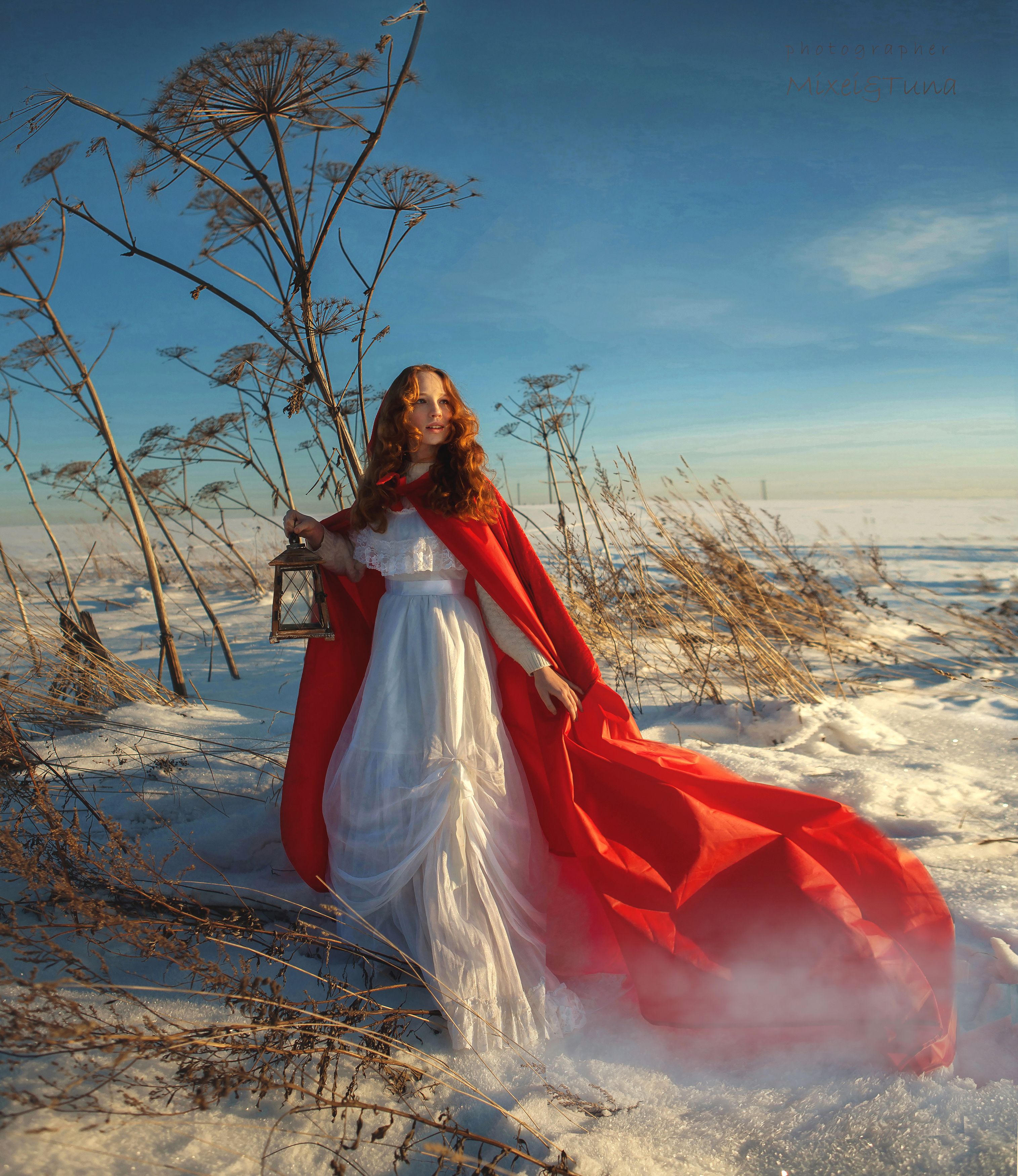 девушка зима поле красная шапочка любовь холод снег красота простор воздух небо солнце фотография сказка, Татьяна Шепелева