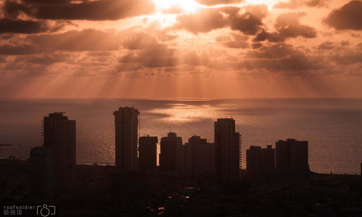 Tel aviv, Israel, city, urban, architecture, cityscape, above, sunset, sunrise, skyscraper, skyline, sea, Голубев Алексей