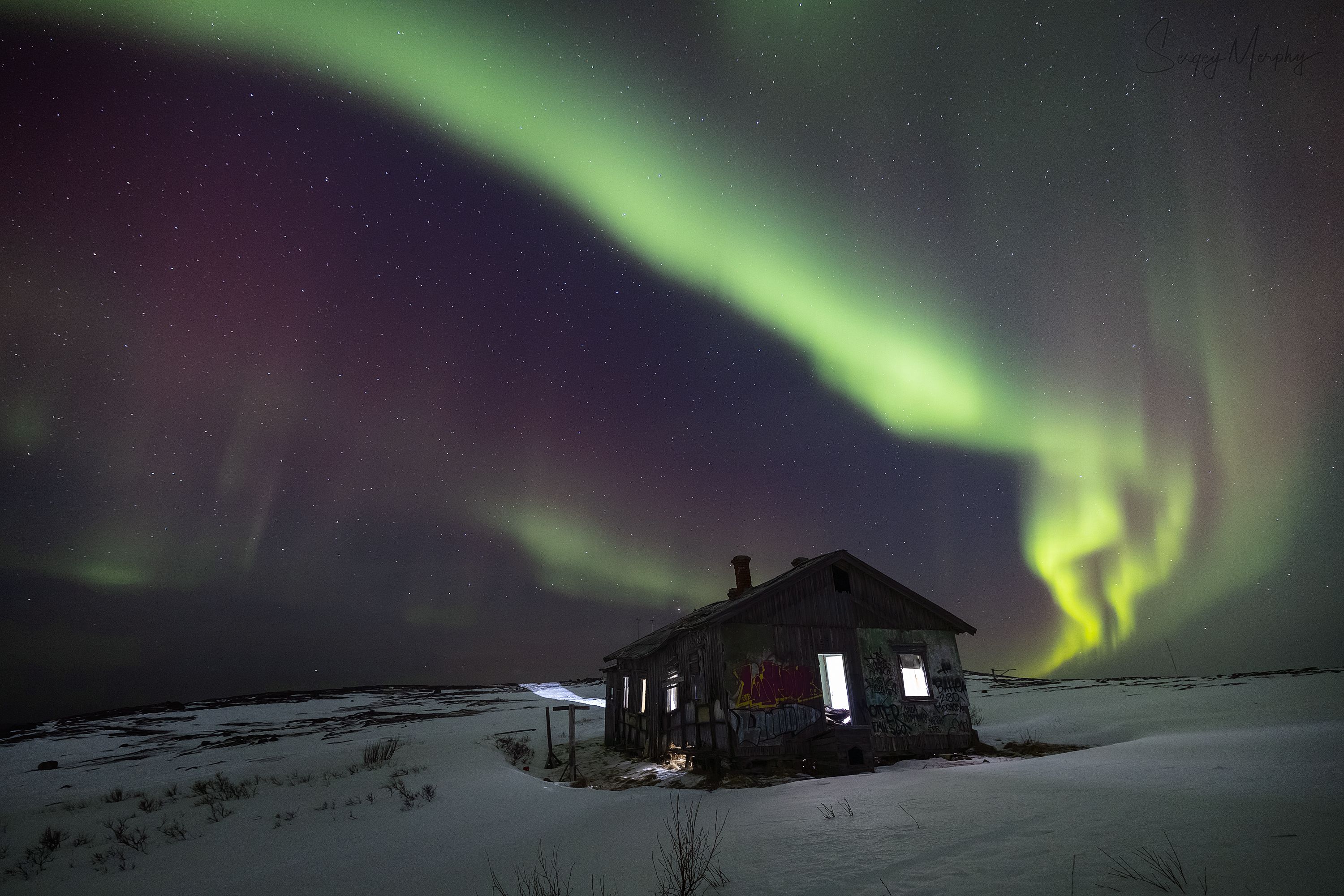 northern lights, aurora, night, house, teriberka, Merphy Sergei