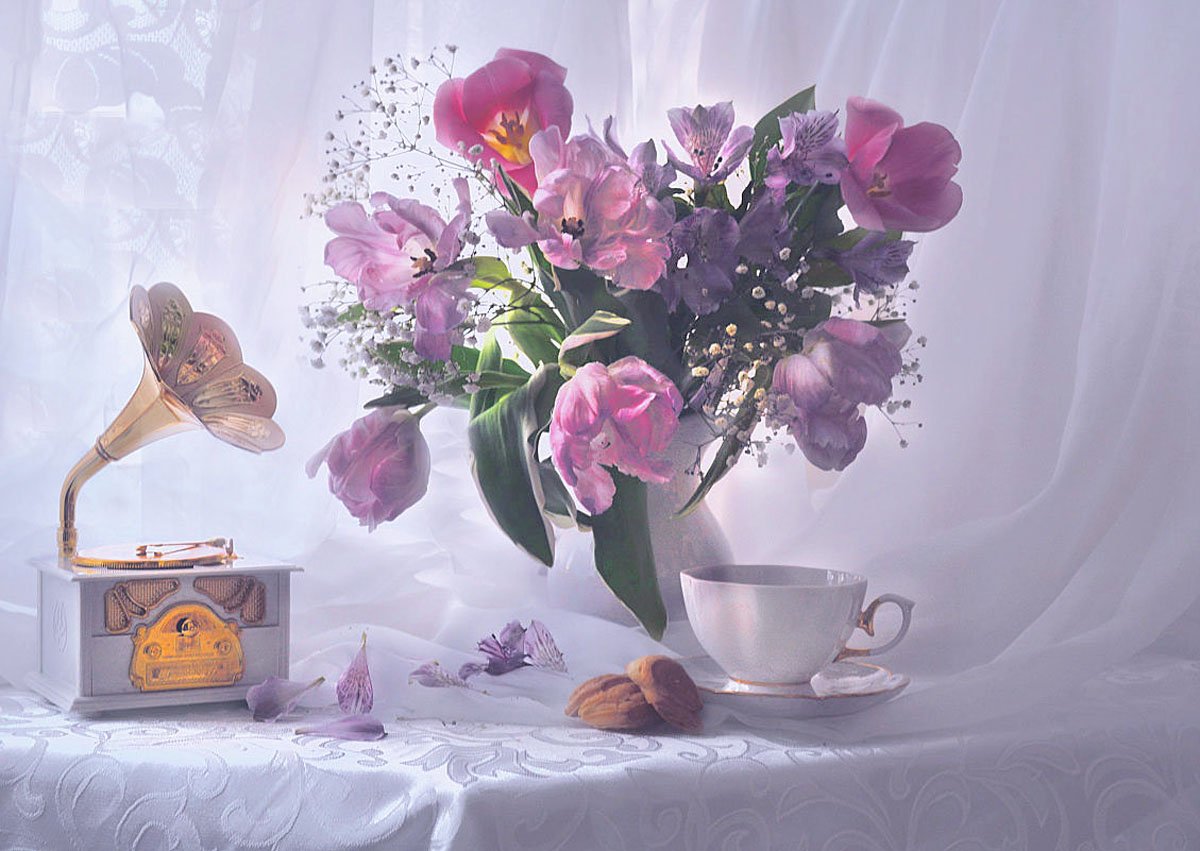 still life, натюрморт, цветы, фото натюрморт, весна, март, тюльпаны,   настроение,грамофон, музыкальная шкатулка, фарфор, Колова Валентина