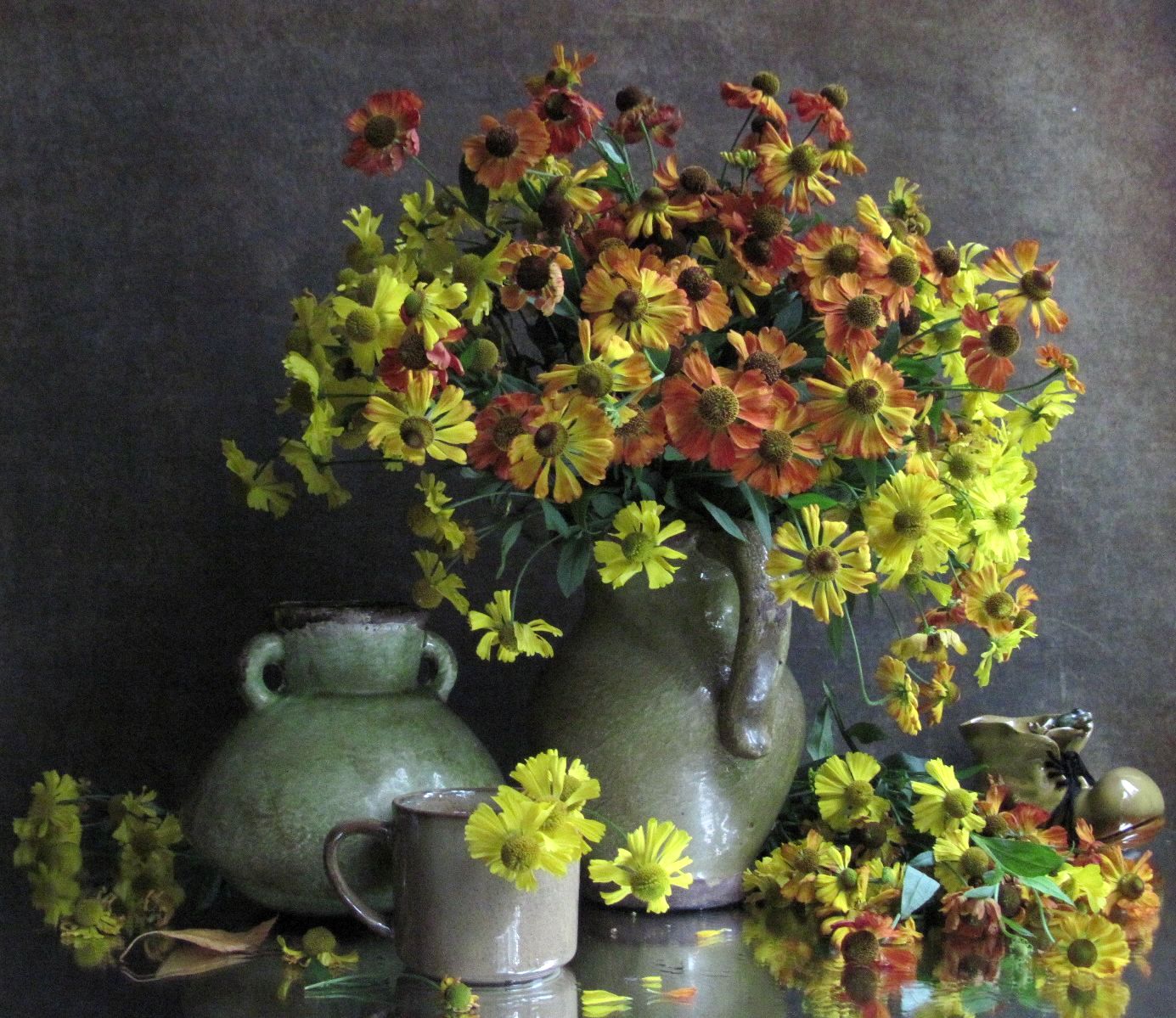 цветы, букет, гелениум, кувшин, ваза, кружка, башмачок, керамика, Наталия Тихомирова