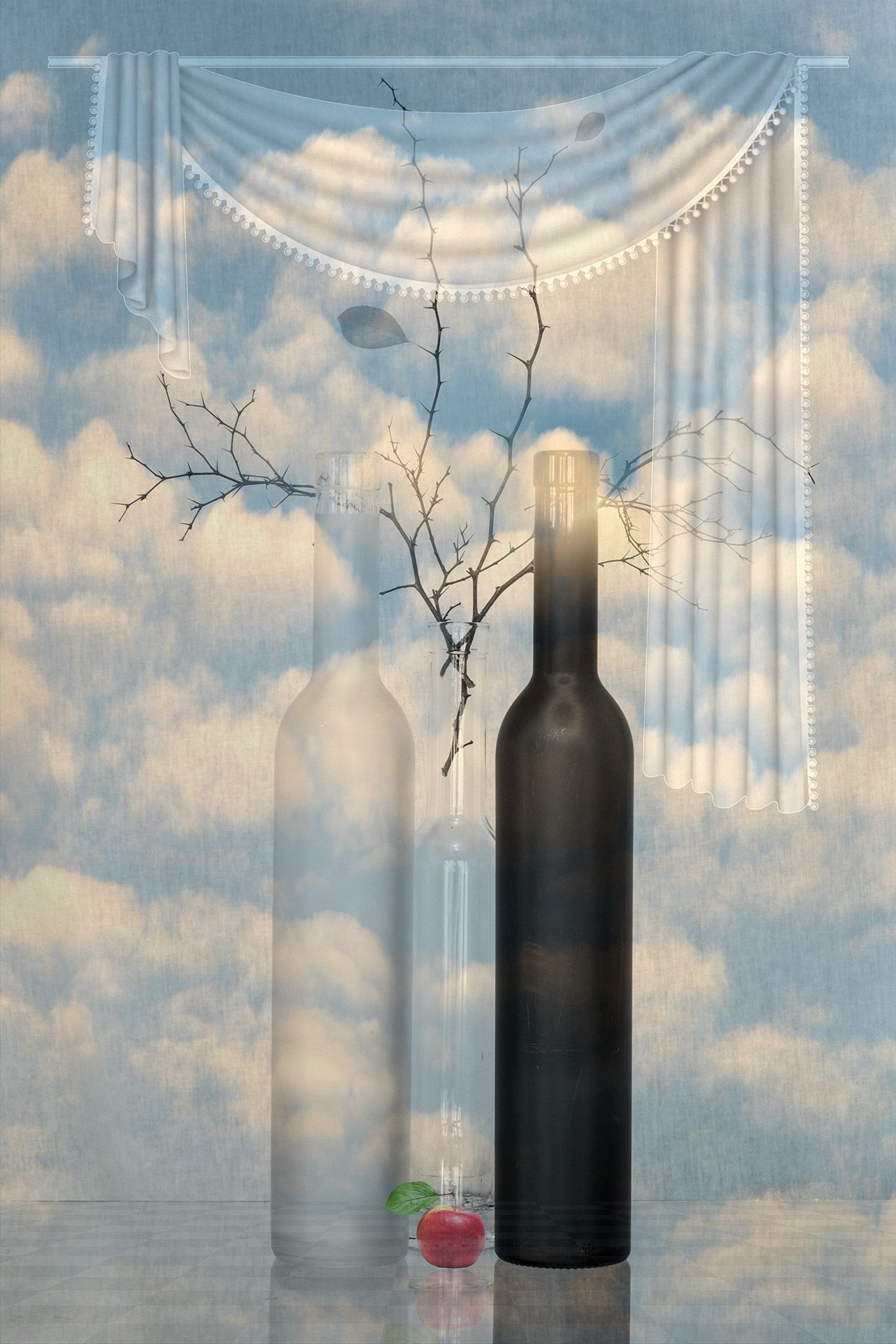 apple, blue, bottles, branches, cloud, clouds, collage, color, colors, concept, conceptual, curtain, digital, digital art, editing, photo collage, photography, still life, surreal, surrealism, world,, Dr Didi Baev