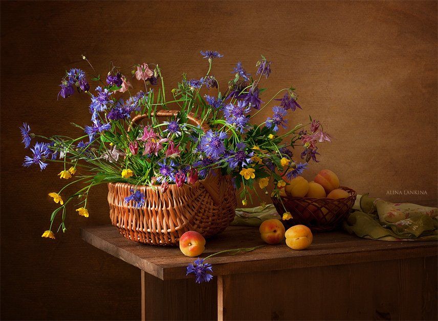 натюрморт, цветы, лето, васильки, абрикосы, корзина, Alina Lankina