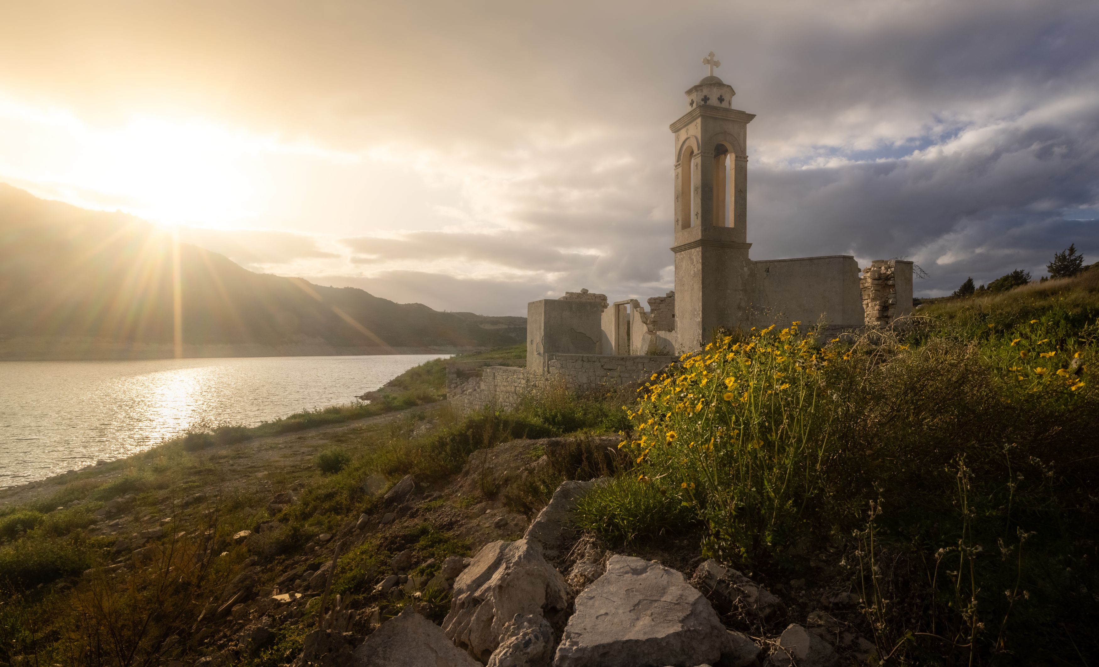 church, cyprus, sunset, landscape, alassa, building, sun, sun rays. , Bevzenko Roman