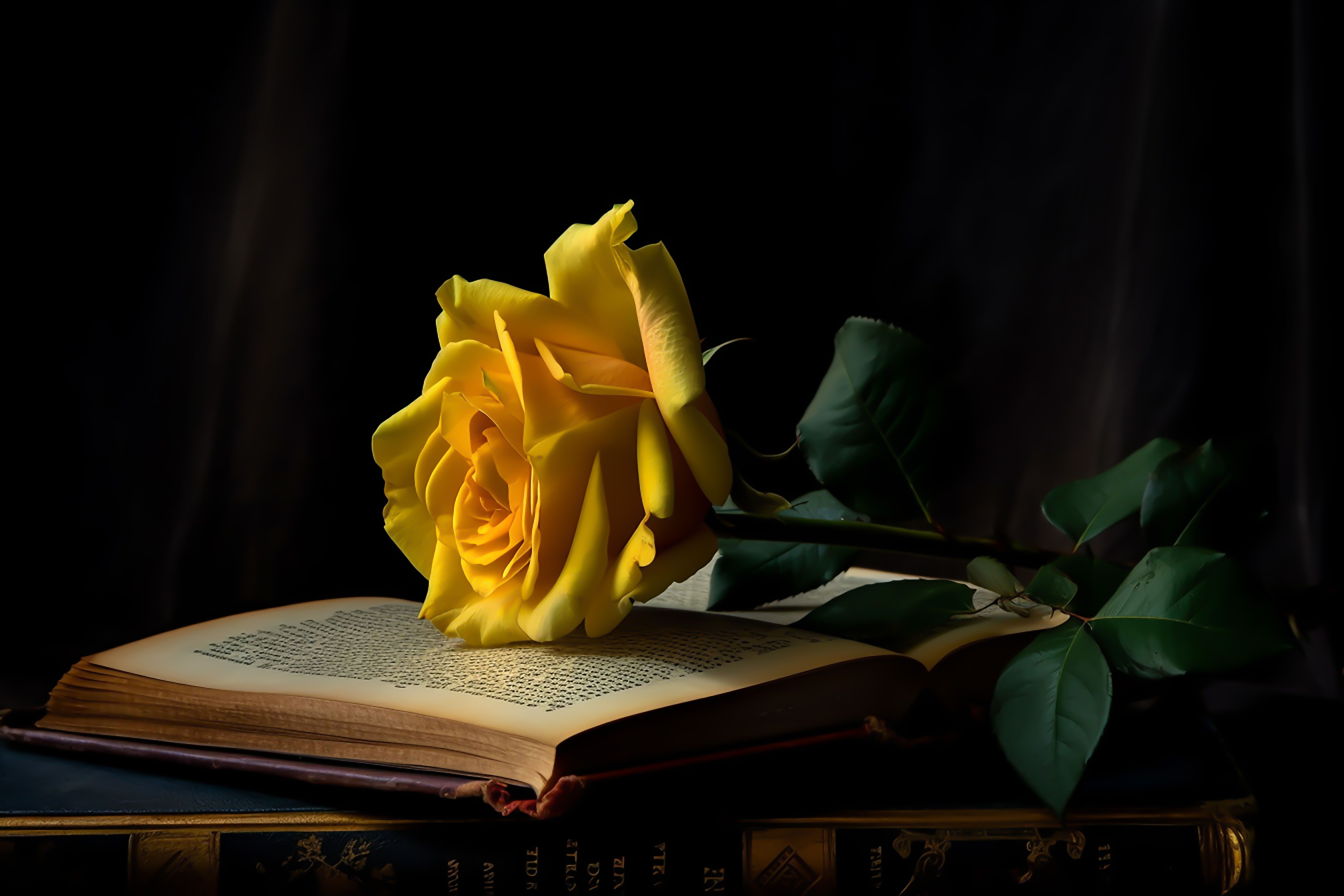 yellow rose,  open book, book, black background, still life, DZINTRA REGINA JANSONE