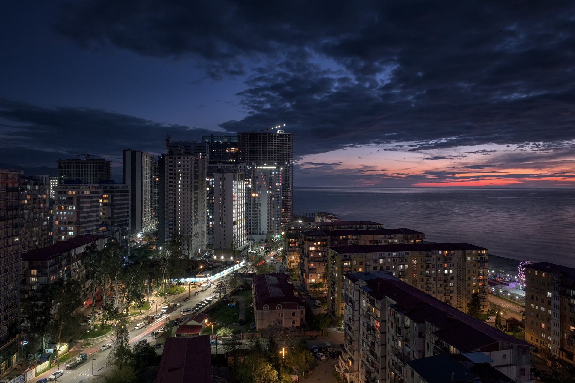 sunset, batumi, caucasus, sea, buildings, night, illumination, lights, weather, landscape, cityscape, scenery, travel, outdoors, georgia, sakartvelo, chizh, Чиж Андрей