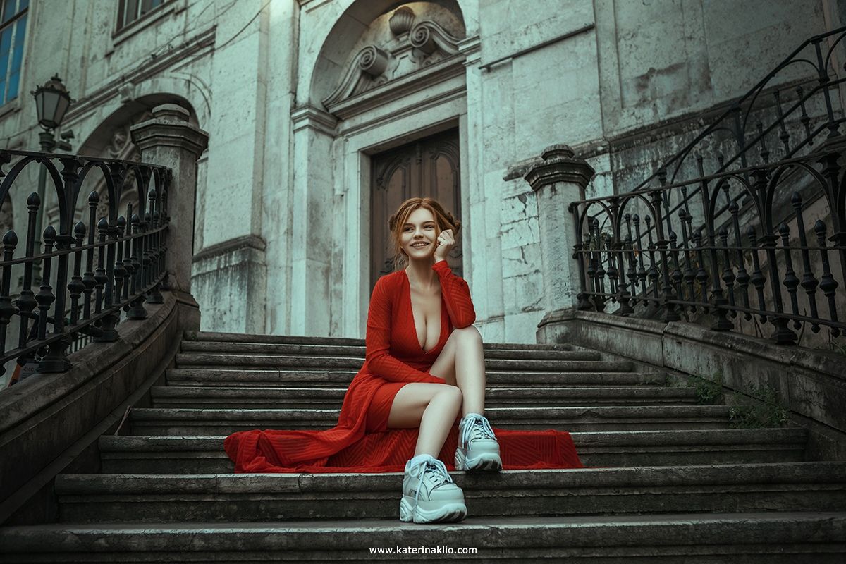 dress, red, woman, portrait, Lisbon, Portugal, beautiful, model, neckline, travel, Катерина Клио