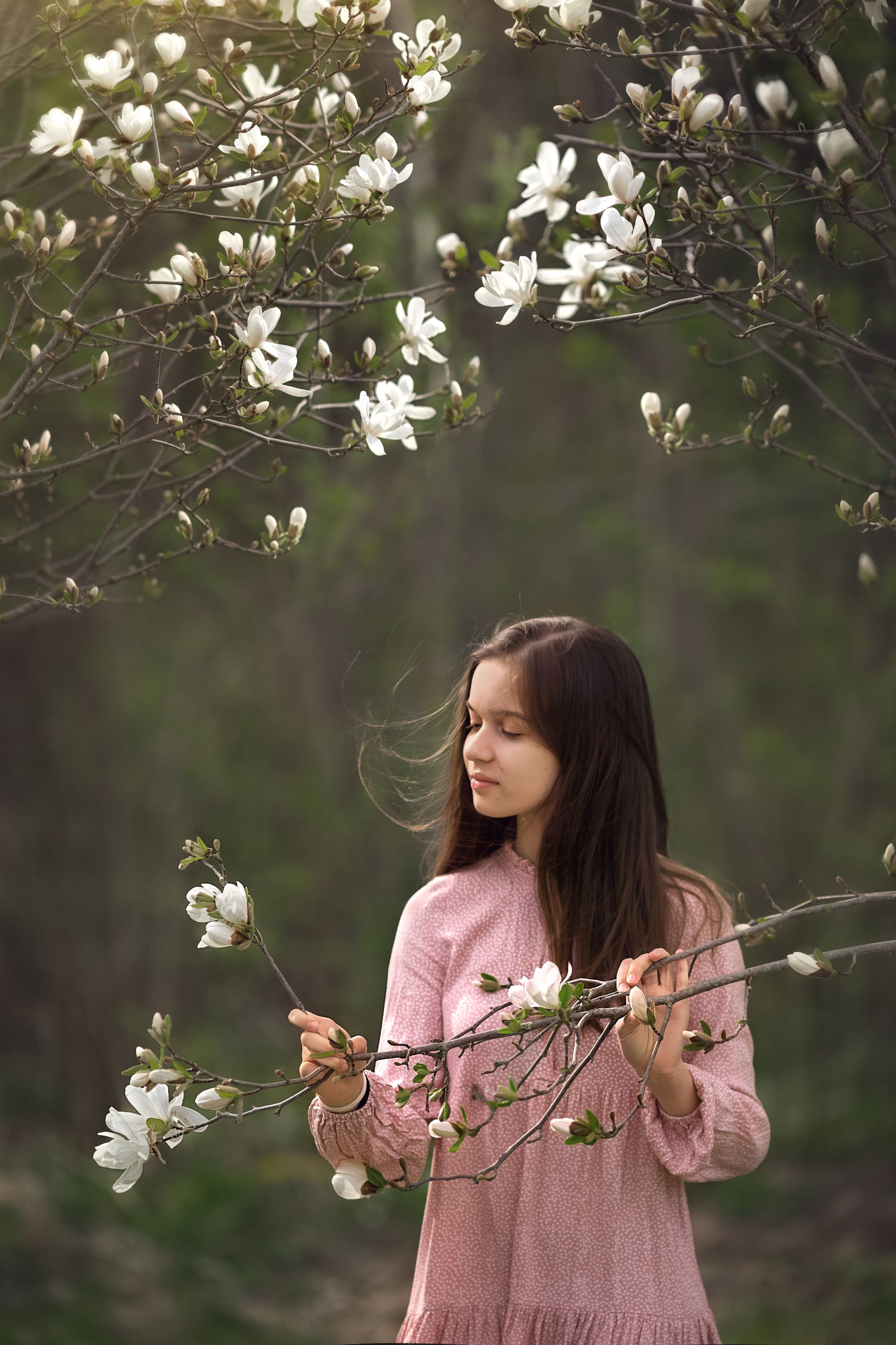 magnolia, spring, wind, girl, girl in spring, Светлана Наумова