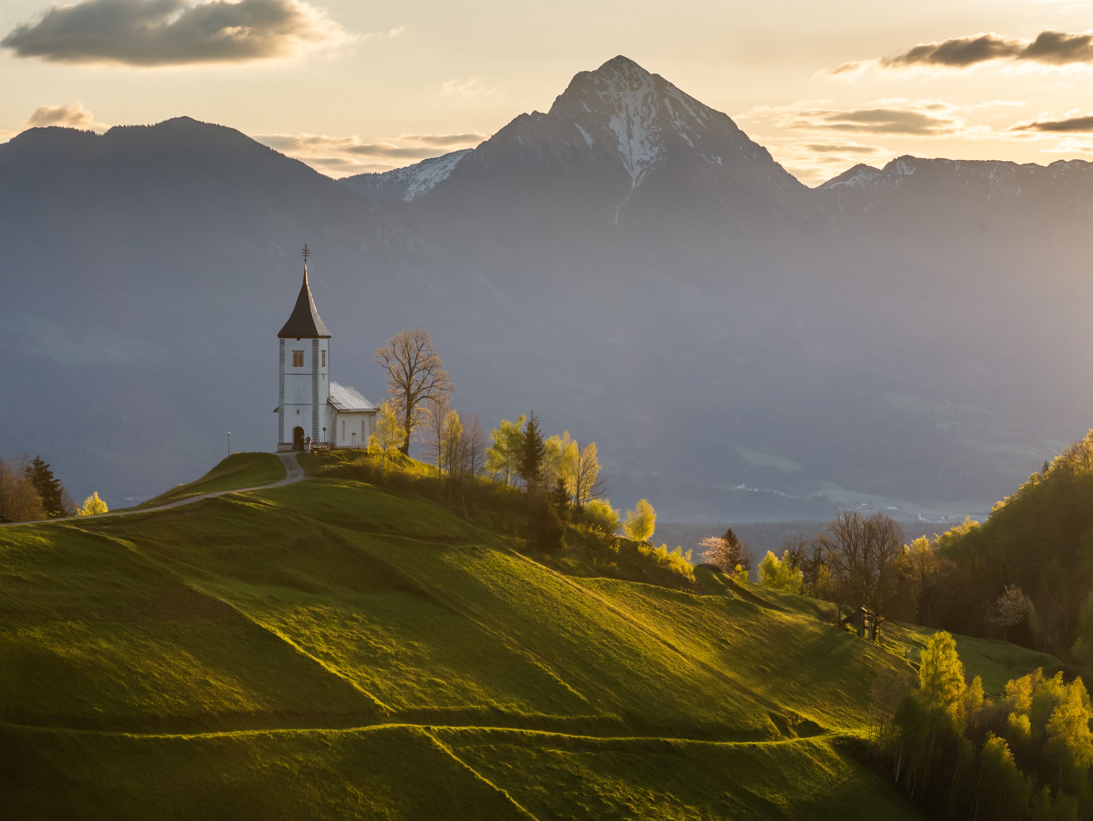 slovenia,church,mountain,alps,julian alps,sunrise,sun,grass,spring, Slavomír Gajdoš
