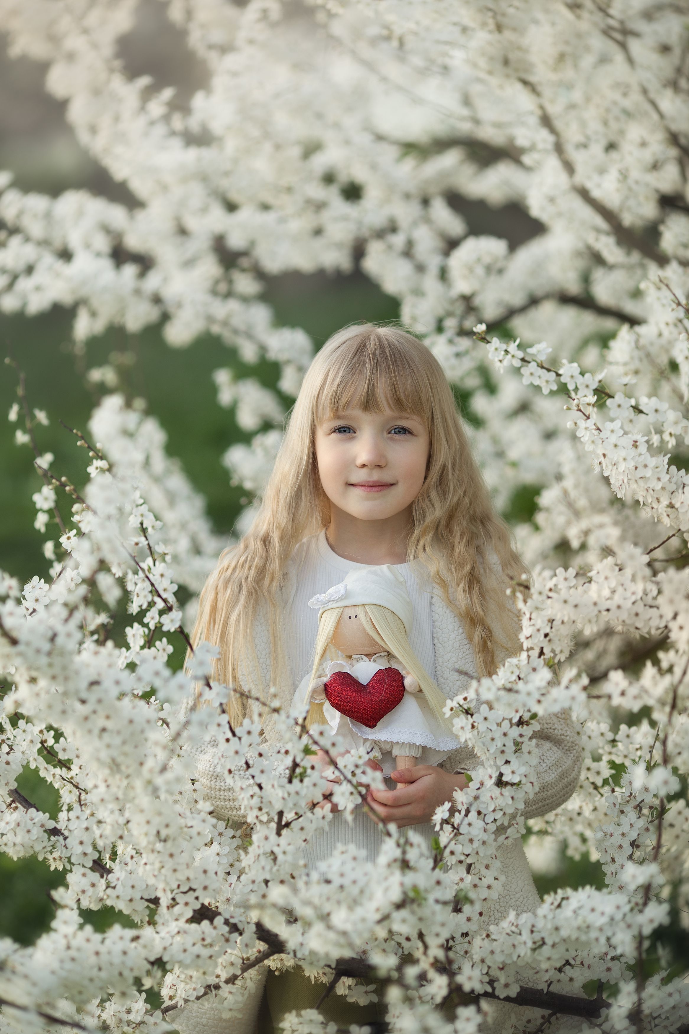heart, doll, blossom, cherry in blossom, little girl, Светлана Наумова