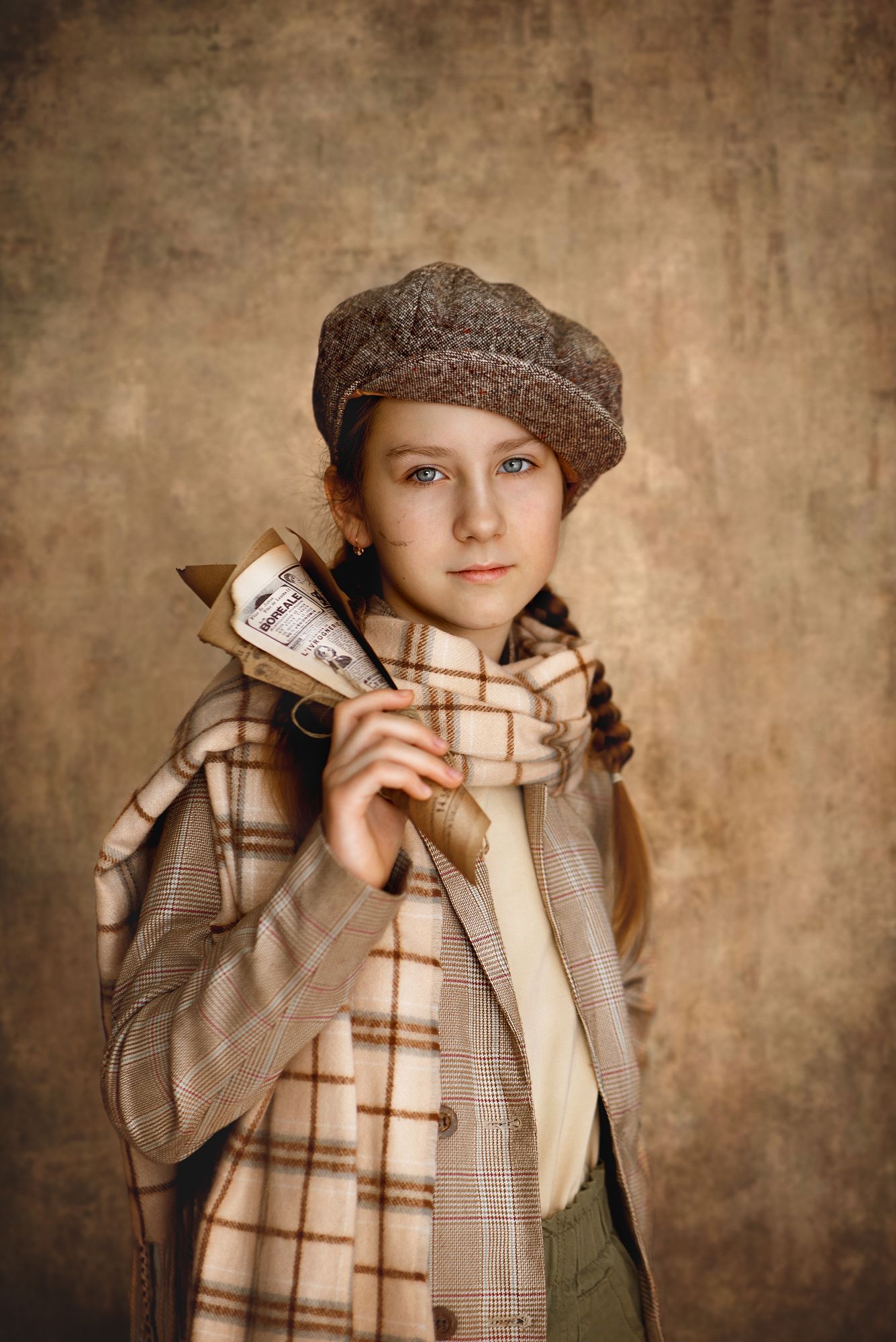 girl, old, newspaper, visor, hat, beige, vintage, Aliaksandra Klimchuk