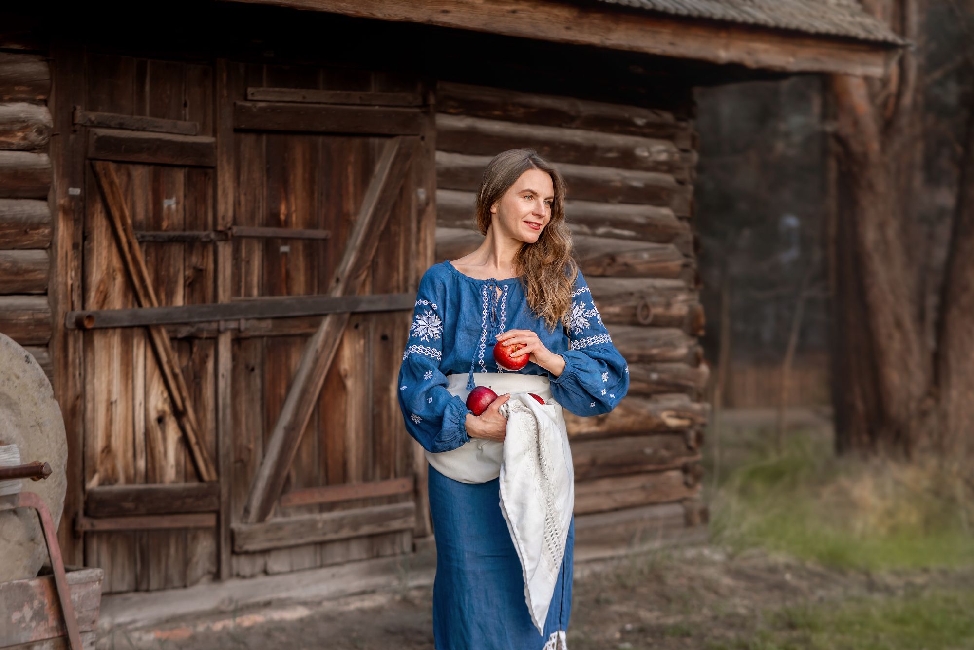 girl apples village summer tree folk costume retro, Aliaksandra Klimchuk