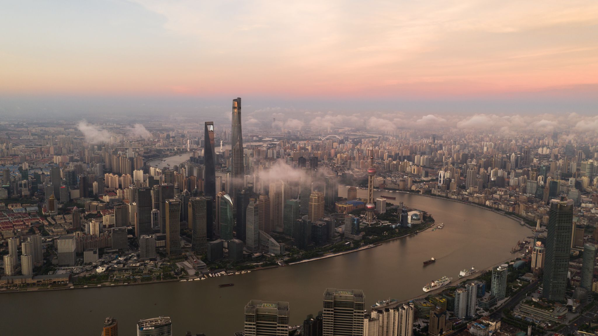 city, metropolis, skyscrapers, tallest, building, world tallest, oriental tower, shanghai tower, pearl tower, tv tower, tall, many buildings, river, ships, sunrise, Druz Denys