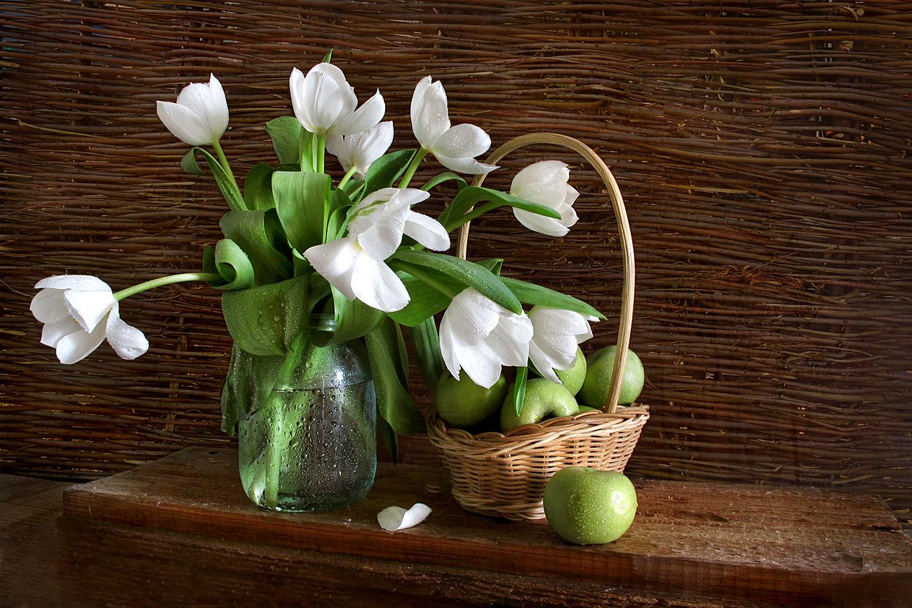 натюрморт,весна,белые тюльпаны,зеленые яблоки,банка,корзина,доски, Алла Шевченко