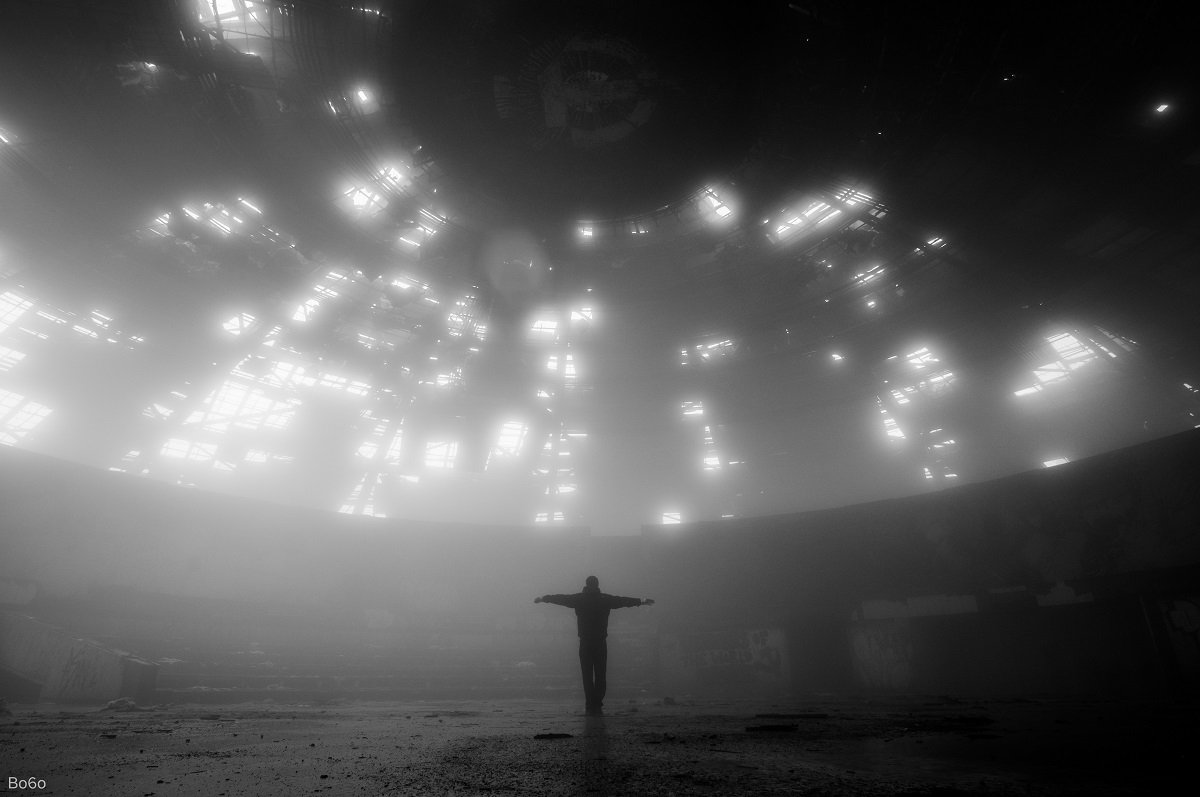 black and white, ruins, abandoned, light, fog, foggy, mist, , Boris Preslavski