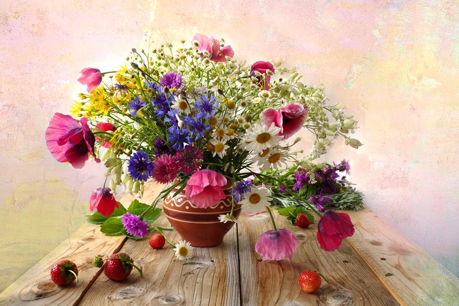 букет полевых цветов, васильки, ромашки, Вера Павлухина