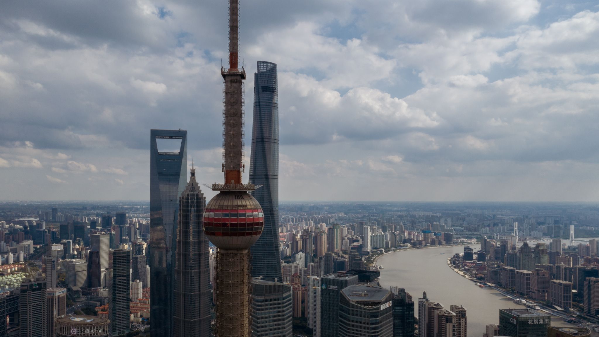shanghai, towers, skyscrapers, tall, high, many, metropolis, river, ships, city, bird´s eye view, aerial, view, urban, china, Druz Denys