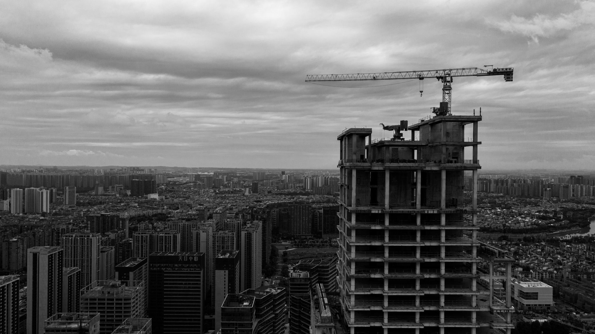 construction crane, city, megalopolis, black and white, tall buildings, river, bird's eye view, aerial view, Druz Denys