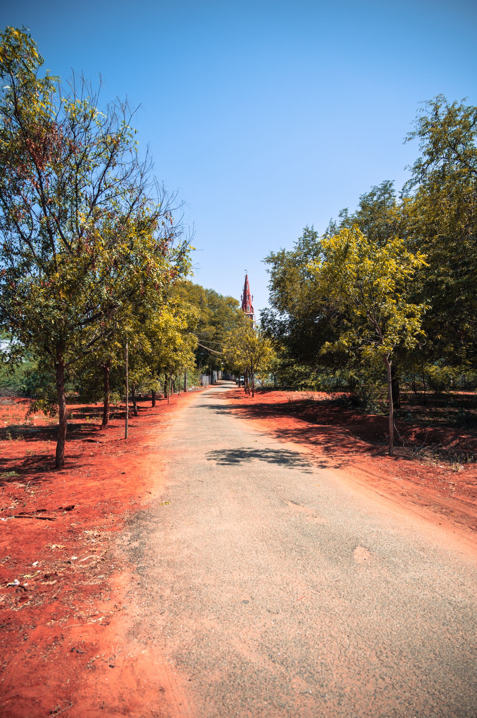 church,tree,road,village,rural,peace.holy,india,tamil,old,sky,clear,summer,sun,bright,shine,blue,red.sand, G N RAJA