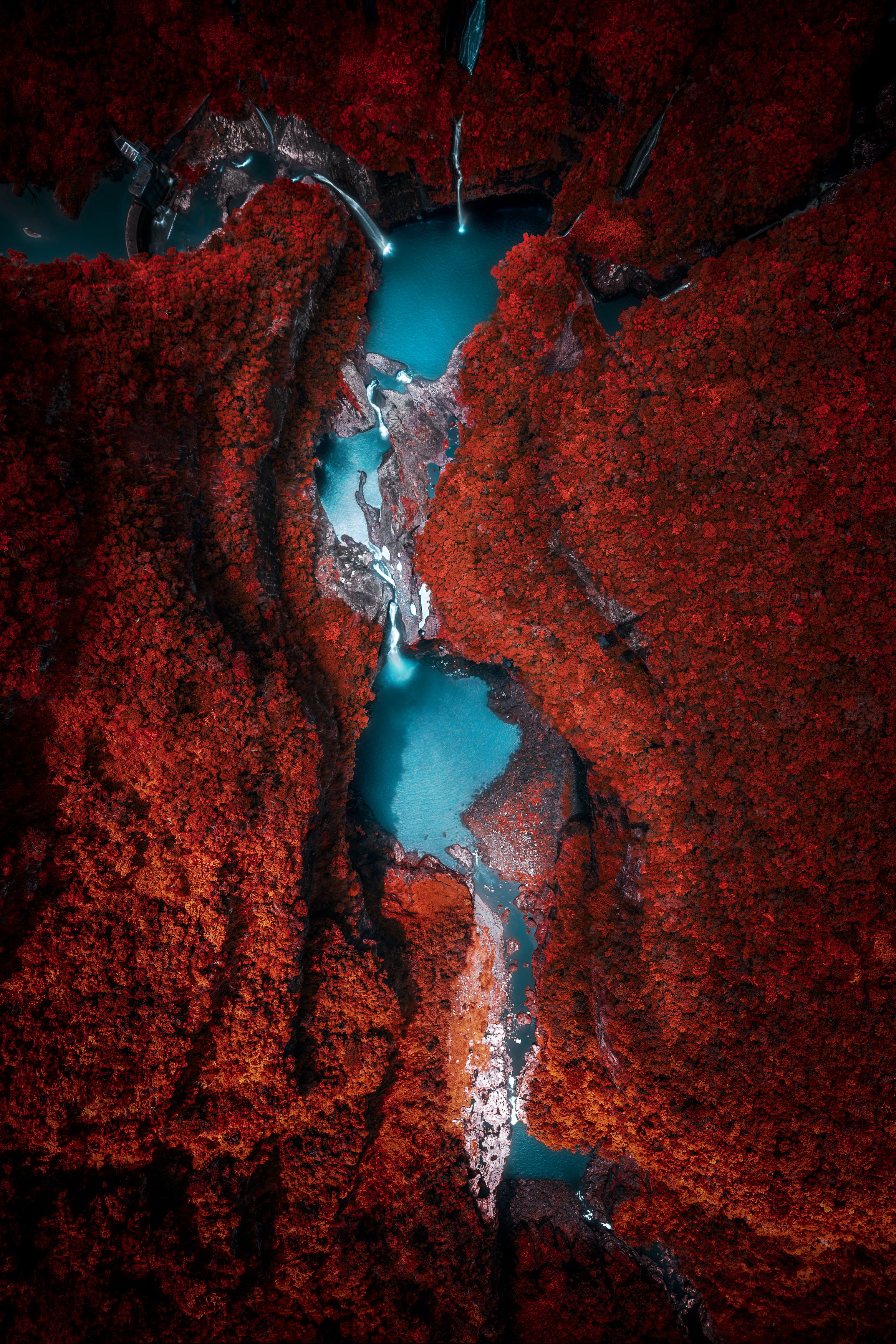 landscape aerial red blue oblivion forest waterfall, Stéphane MOSER