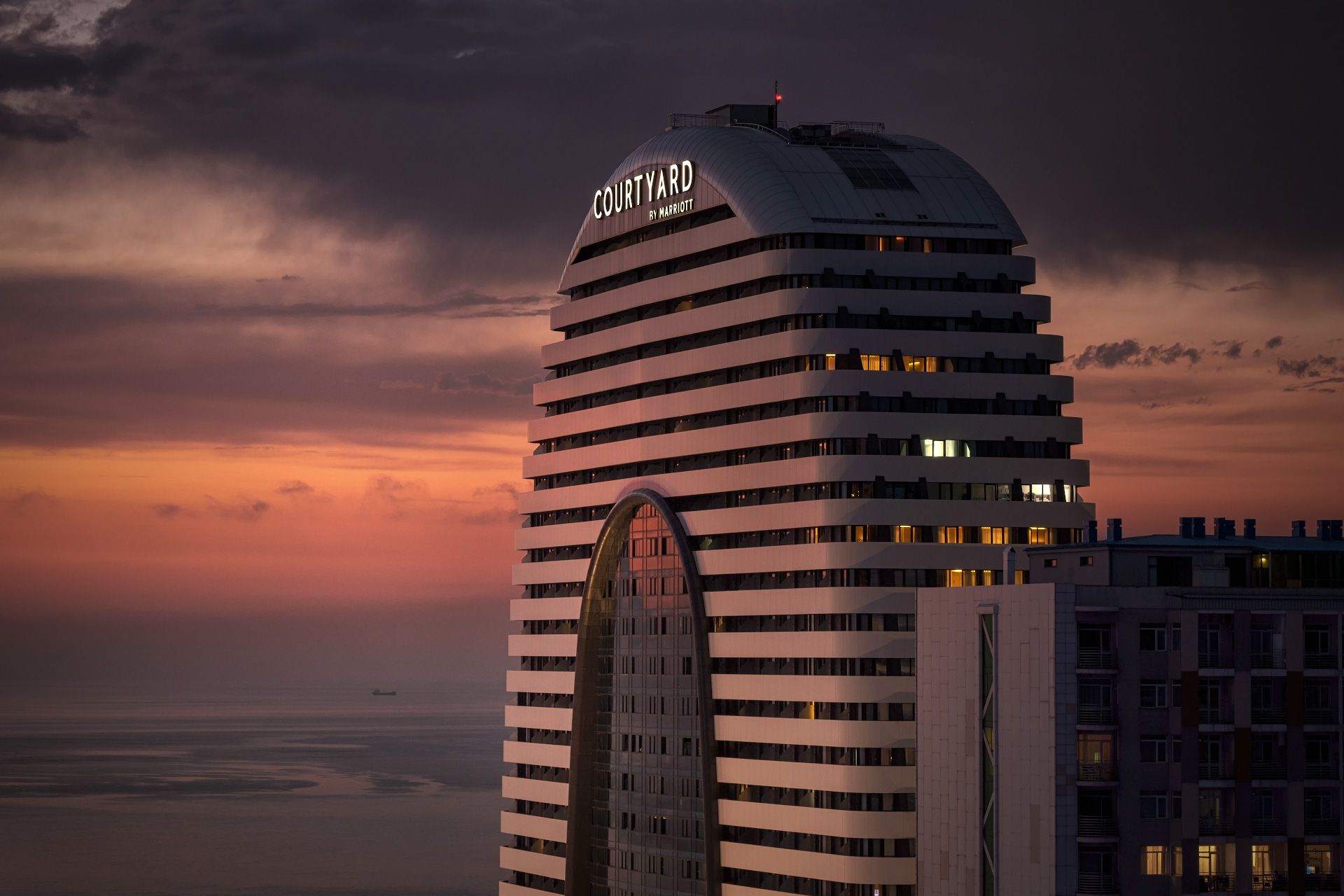 sunset, batumi, lights, ship, marriott, buildings, sky, clouds, skyscraper, sea, illumination, weather, landscape, cityscape, scenery, travel, outdoors, caucasus, georgia, adjara, sakartvelo, chizh, Чиж Андрей