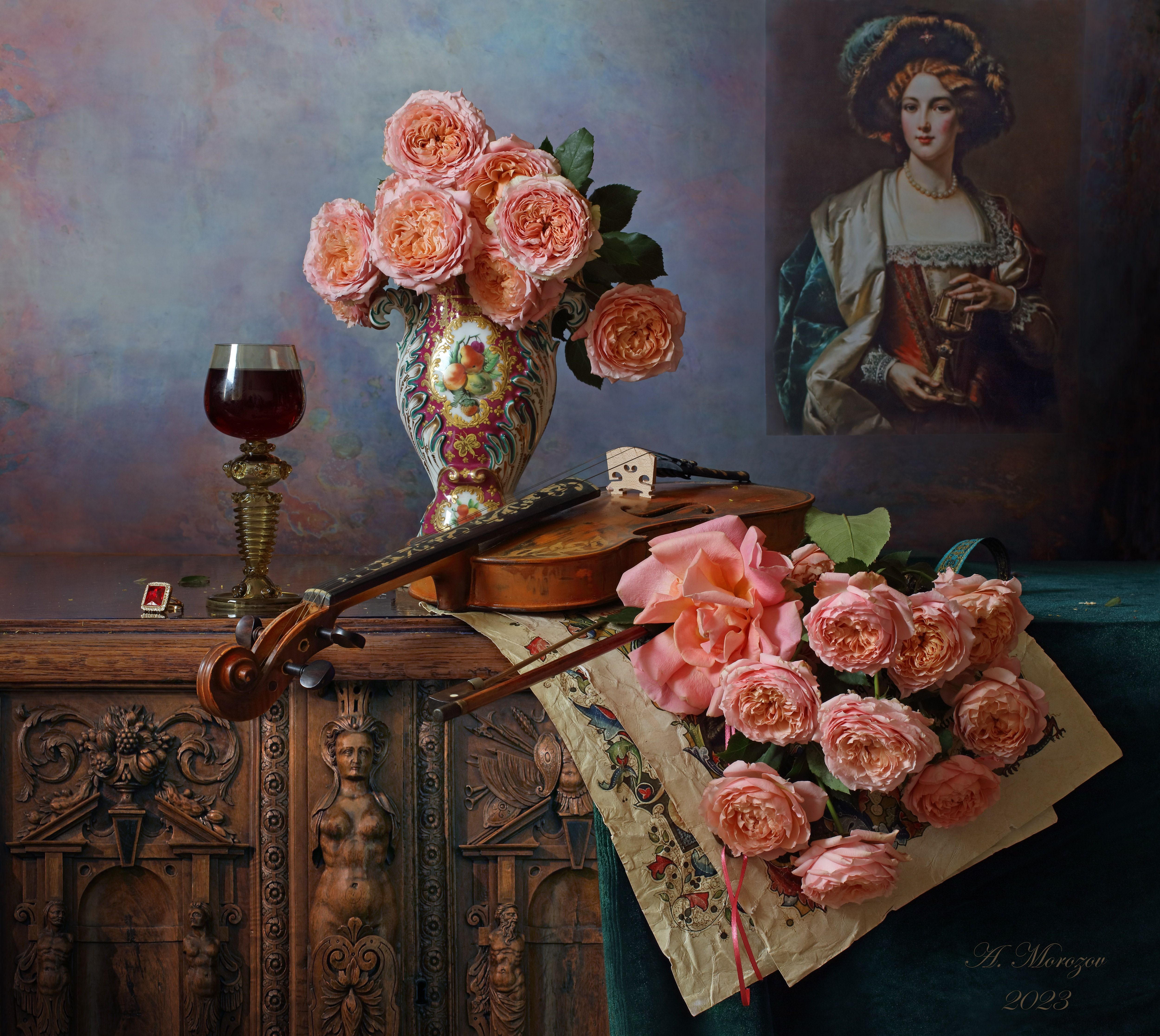 цветы, розы, скрипка, музыка, ваза, девушка, картина, бокал, Андрей Морозов