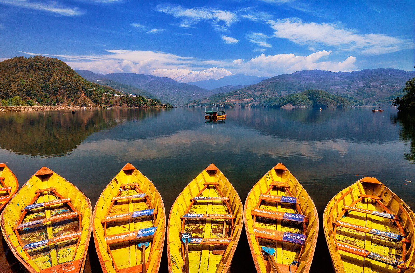 лодки, Непал, Покхара, озеро, вода, горы, Гималаи, желтый, Аннапурна, Бирюков Юрий