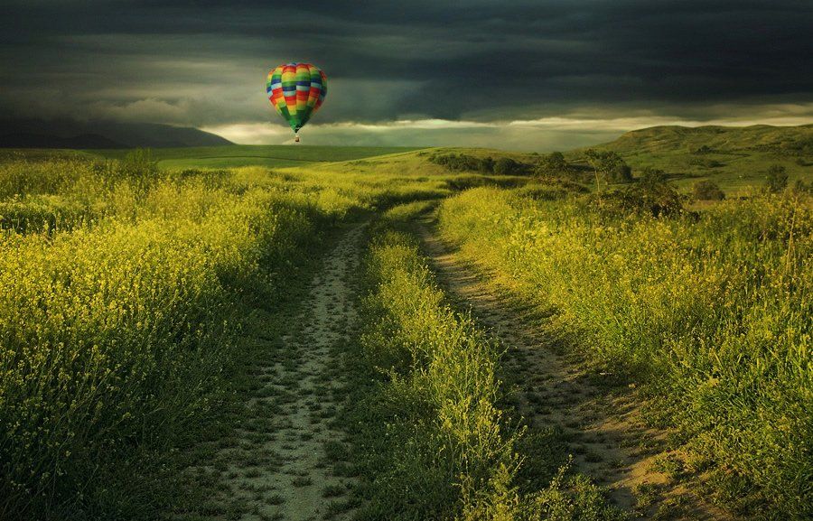 field,green,balloon,yellow,land,road,clouds,sky,storm,summer,, Silvia Georgieva