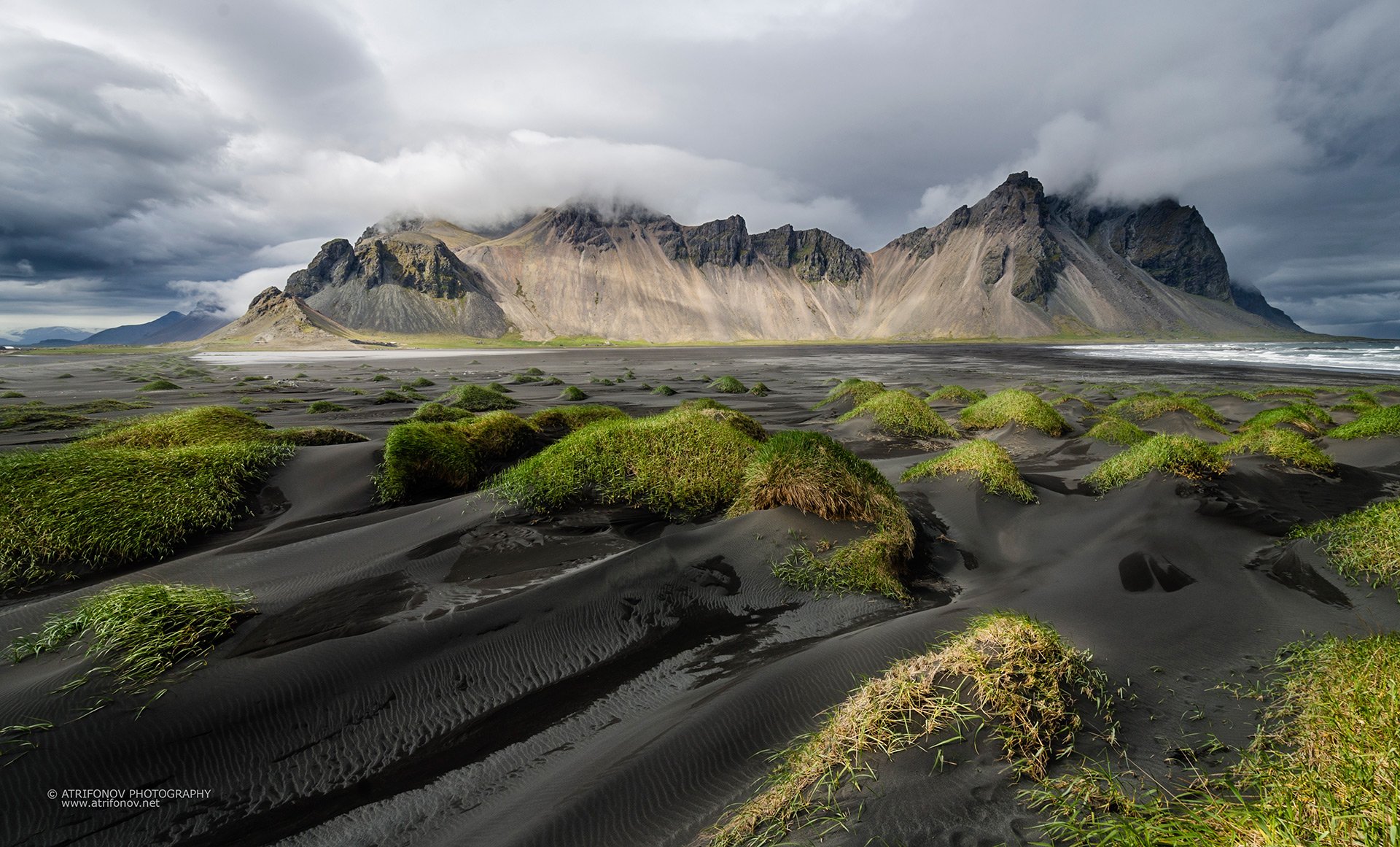 Stokksnes, Vestrahorn, Iceland, mountains, dunes, black sand, beach, ocean, Andrey Trifonov