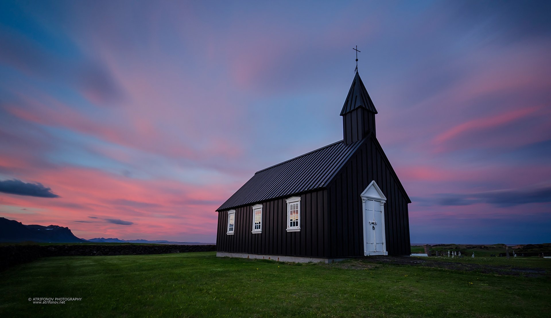 Budir, Iceland, Snaefeelsness, landscape, midnight sun, sky, pink, long exposure, church, old, black church, Andrey Trifonov