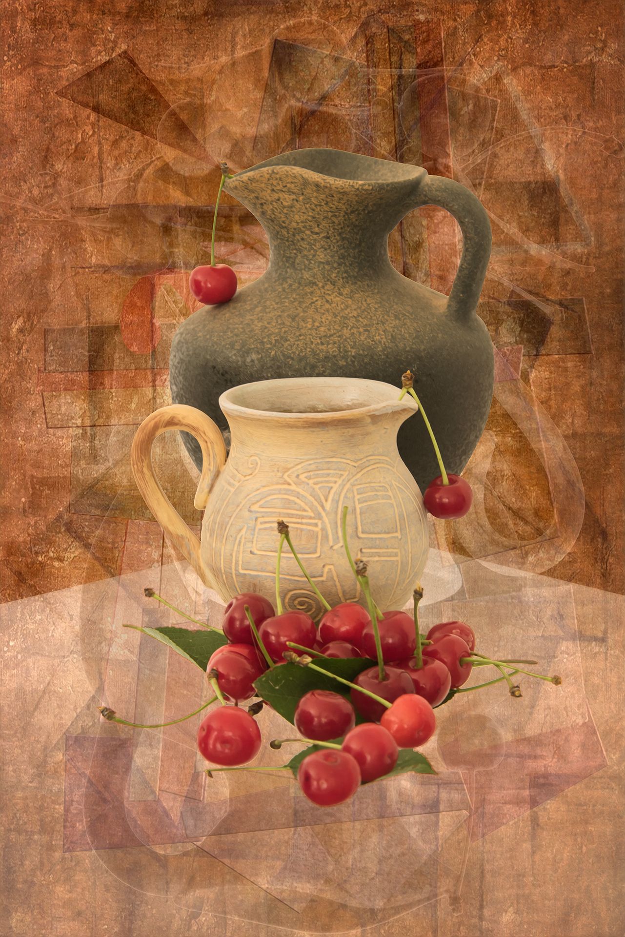 cherry, cherries, clay jug, color, colors, concept, conceptual, digital, digital art, editing, green, photo collage, photography, red, sour cherries, still life,, Dr Didi Baev