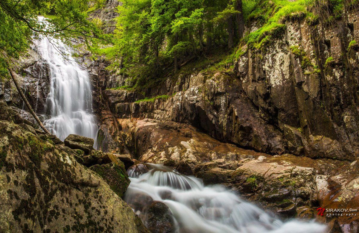 waterfall, spring, forest, mountain, rock, water, trees, landscape, Николай Сираков