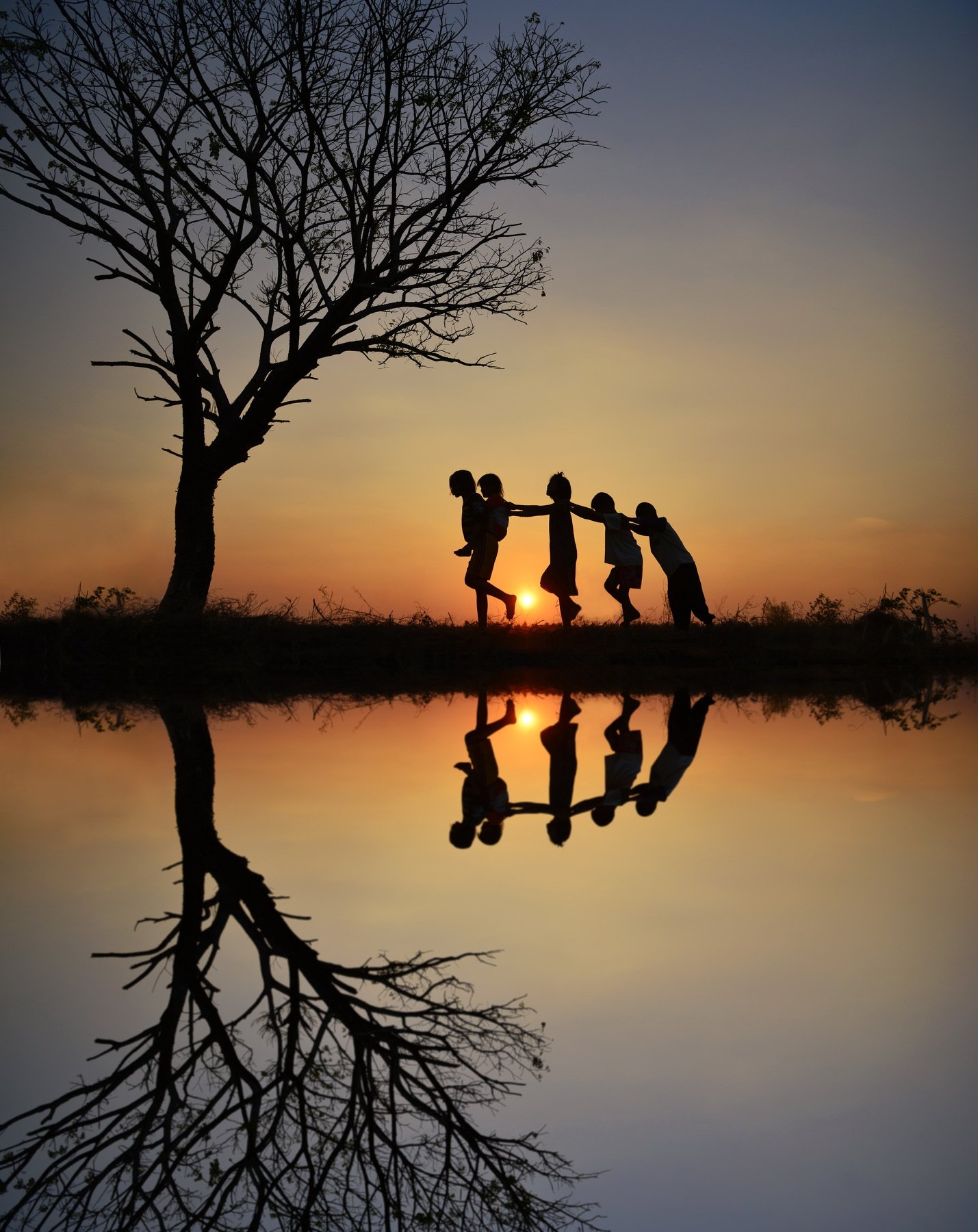 Child, Silhouette, Childhood, People, Pond, Walking, Sky, Sunset, Thailand, Bare Tree, Boys, Carefree, Children Only, Color Image, Elementary Age, Five People, Girls, Grass, Holding, In A Row, On The Move, Outdoors, Photography, Reflection, Sun, Togethern, sarawut intarob