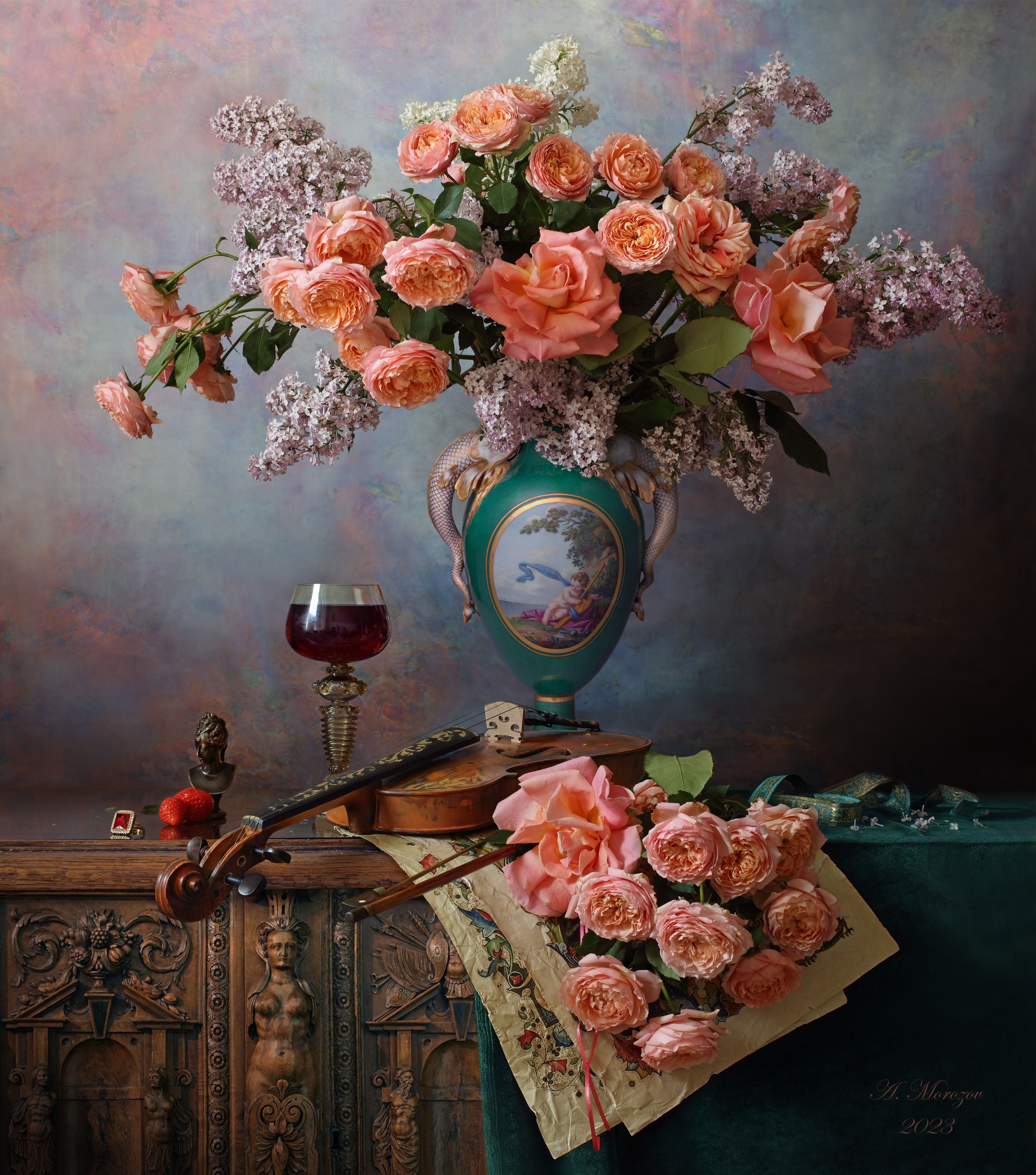 цветы, розы, скрипка, музыка, ваза, Андрей Морозов