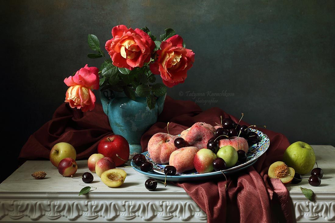 натюрморт, цветы, букет, розы, персики, фрукты, черешня, Tatyana Karachkova