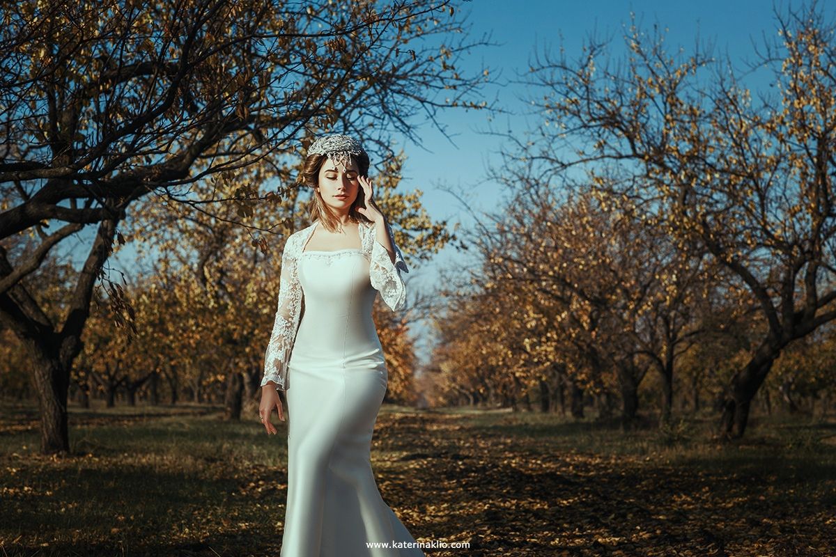 autumn, bride, dog, clouds, white, dress, surrealism, Катерина Клио